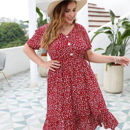 Women's Plus Size Floral Cotton Sun Dress in Rouge Color - plus size model wearing rouge floral cotton sun dress with hat