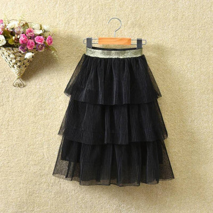 Cotton Korean Style Summer Skirt for Young Girls, Sizes for 90-150cm - black tiered cotton half-length skirt with gold waistband