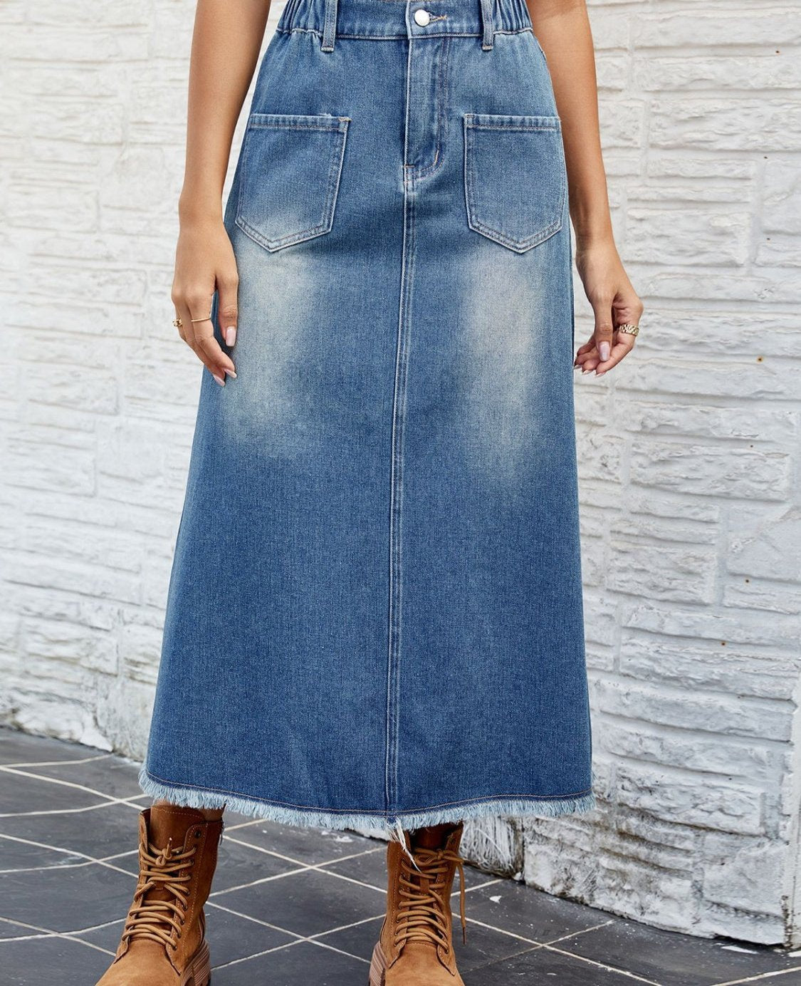 Raw Hem Buttoned Denim Skirt with Pockets