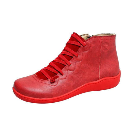 Women's Casual High Top Short Boots With Low Heel Round Toe red PU side-zip casual ankle boot