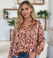 Printed Ruffle Trim Balloon Sleeve Blouse in Full Size