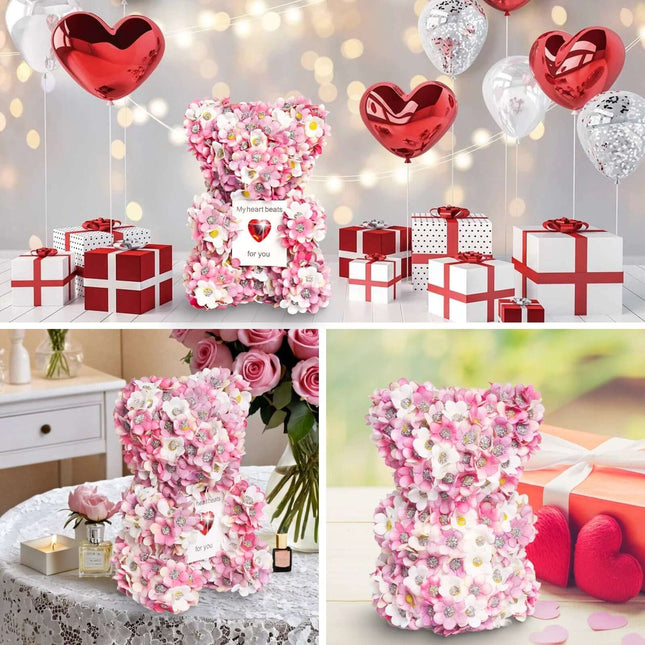 Handmade Pink Artificial Rose Bear for Valentine's Gift displayed among heart balloons and gift boxes — pink rose bear centerpiece
