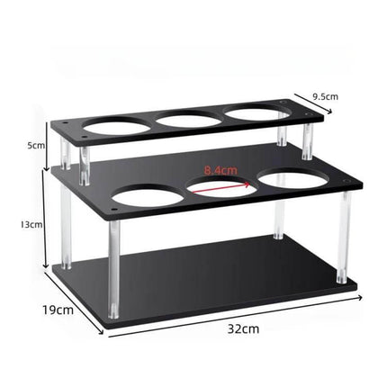 Acrylic 2-Tier Coffee Syrups Bottle Rack Organizer displaying measurements and circular cutouts for three 3.3in bottles on clear acrylic risers