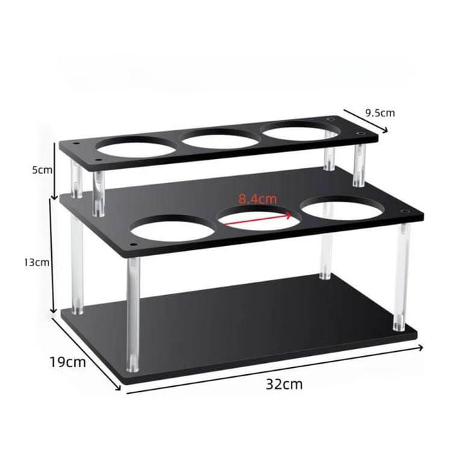 Acrylic 2-Tier Coffee Syrups Bottle Rack Organizer displaying measurements and circular cutouts for three 3.3in bottles on clear acrylic risers