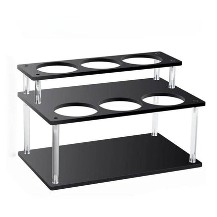 Acrylic 2-Tier Coffee Syrups Bottle Rack Organizer in clear acrylic with two tiers and circular cutouts for syrup bottles up to 3.3 inches