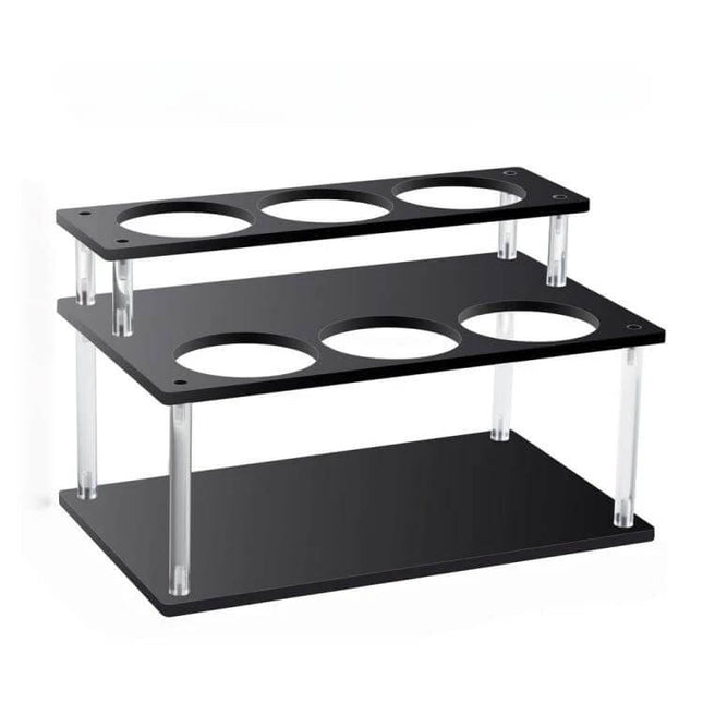 Acrylic 2-Tier Coffee Syrups Bottle Rack Organizer in clear acrylic with two tiers and circular cutouts for syrup bottles up to 3.3 inches