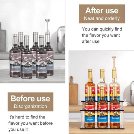 Acrylic 2-Tier Coffee Syrups Bottle Rack Organizer neatly holding syrup bottles on countertop for before and after organization