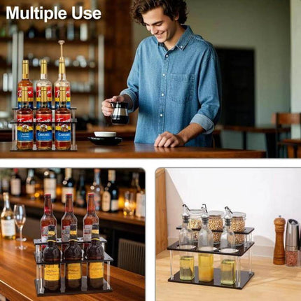 Acrylic 2-Tier Coffee Syrups Bottle Rack Organizer on countertop holding syrup bottles and condiments for home bar and cafe use