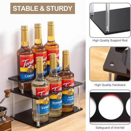 Acrylic 2-Tier Coffee Syrups Bottle Rack Organizer holding six syrup bottles on a clear compact countertop display