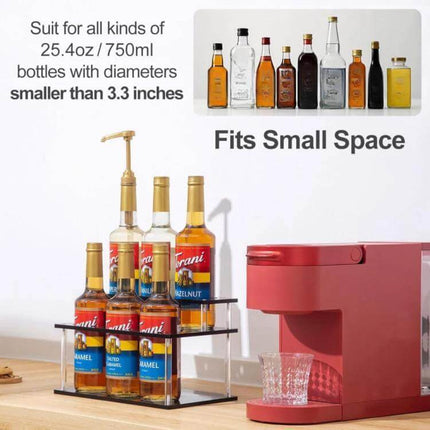 Acrylic 2-Tier Coffee Syrups Bottle Rack Organizer holding syrup bottles on a countertop beside a red coffee machine, compact clear two-tier storage