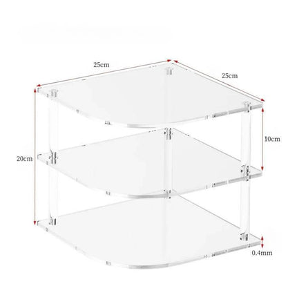 Acrylic 3 Tier Corner Plates and Bowls Organizer Shelf clear acrylic corner rack for plates bowls lids, compact 25cm tiers, 10cm spacing, ideal for countertops
