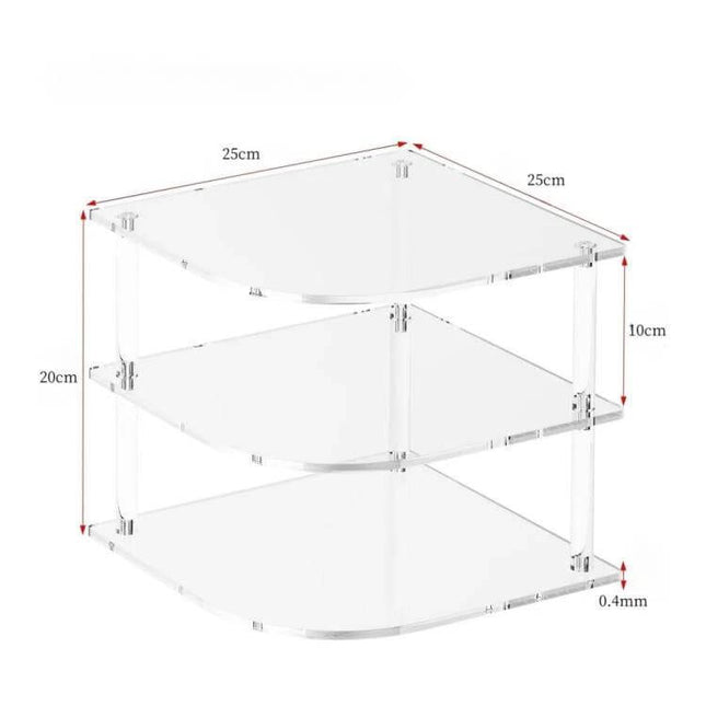 Acrylic 3 Tier Corner Plates and Bowls Organizer Shelf clear acrylic corner rack for plates bowls lids, compact 25cm tiers, 10cm spacing, ideal for countertops