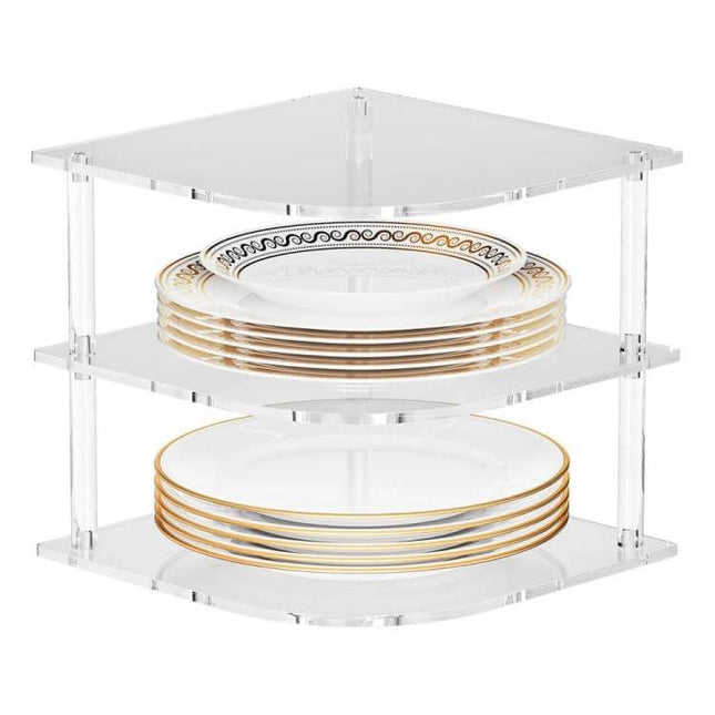 Acrylic 3 Tier Corner Plates and Bowls Organizer Shelf holding stacked plates on two tiers to maximize counter and cabinet space