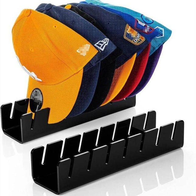 Acrylic Baseball Cap Holder Stores 7 Caps For Easy Countertop Organization – transparent black acrylic rack holding seven hats neatly on a countertop