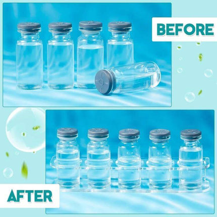 Acrylic Desktop 5-Hole Bottle Stand For Insulin Vials neatly holding five insulin vials on a clear acrylic desktop organizer, before and after display