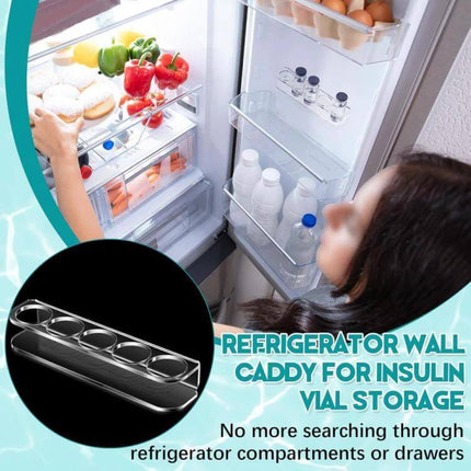 Acrylic Desktop 5-Hole Bottle Stand For Insulin Vials placed on refrigerator shelf for organized insulin vial storage