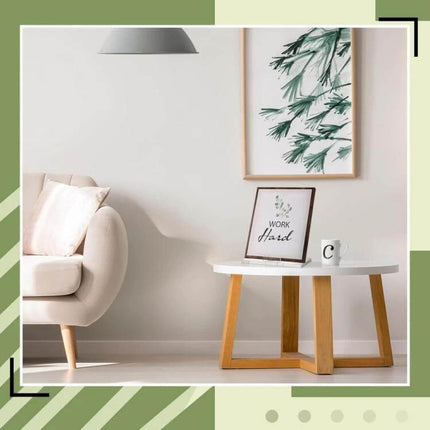 Acrylic Photo Frame Book Picture Plate Stand Set Of 2 displaying a travel photo and mug on a modern side table in minimalist living room