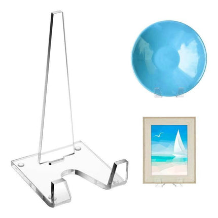 Acrylic Picture Frame Stand For Photos, Everyday Desk Display showing clear acrylic stand holding plate and framed photo on desk
