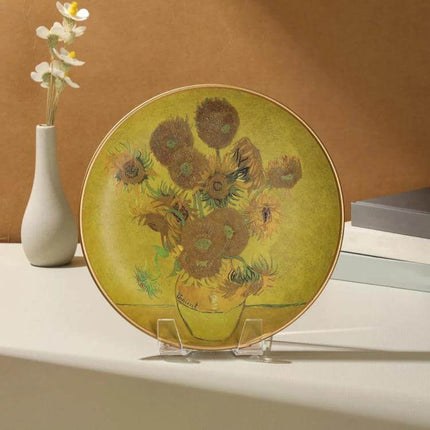 Acrylic Picture Frame Stand For Photos, Everyday Desk Display holding decorative sunflower plate on desk, clear sturdy acrylic stand