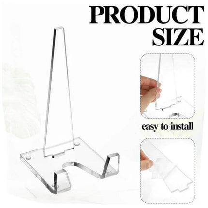 Acrylic Picture Frame Stand For Photos, Everyday Desk Display — clear acrylic desk stand for photos, prints, books; compact 10x10x20 cm footprint