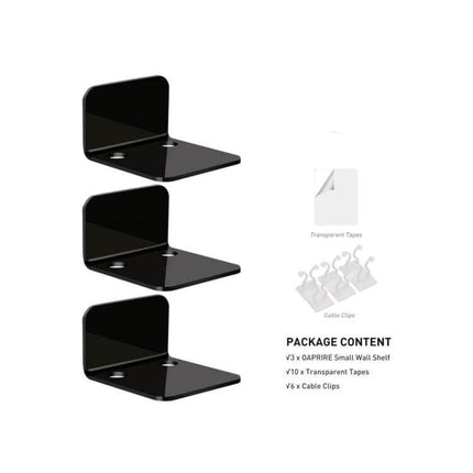 Acrylic Small Wall Mount For Cameras And Small Devices 3 Pack - three black 3mm acrylic L-shaped mounts for cameras, speakers, tidy cable management