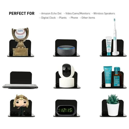 Acrylic Small Wall Mount For Cameras And Small Devices 3 Pack displaying Echo Dot, camera, toothbrush, clock, plant and small devices on acrylic mounts