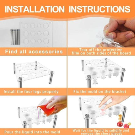 Acrylic Square Chess Mold Stand for DIY Chess Pieces showing installation steps: accessories, peel film, attach legs, fix mold, pour resin, demold