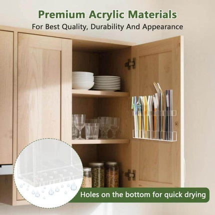Acrylic Straw Wall Mount Bracket With Double-Sided Adhesion mounted on cabinet door holding straws and small utensils, acrylic material with drain holes
