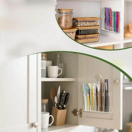 Acrylic Straw Wall Mount Bracket With Double-Sided Adhesion holding colorful straws inside a kitchen cabinet door for compact tool storage
