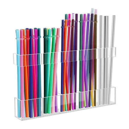 Acrylic Straw Wall Mount Bracket With Double-Sided Adhesion holding colorful reusable straws for kitchen, cafe, RV storage (clear acrylic, no drilling)