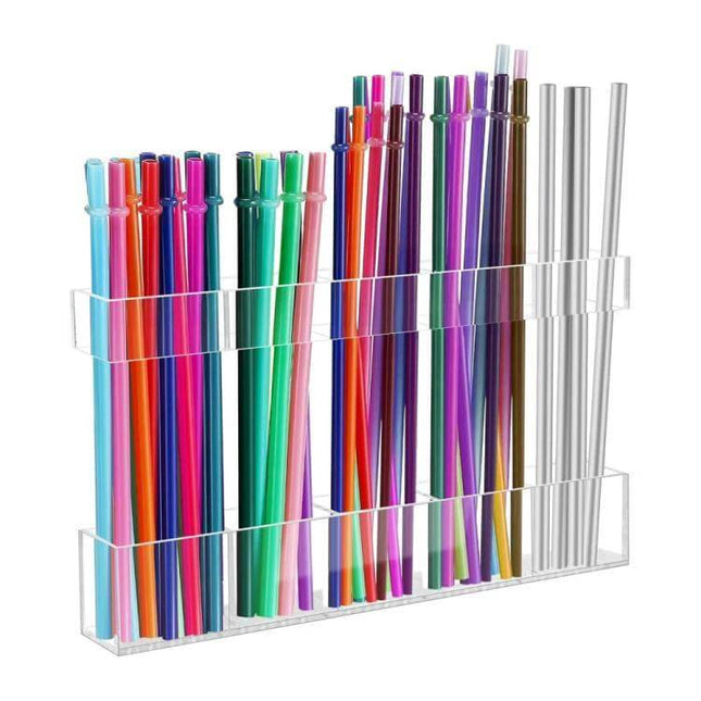 Acrylic Straw Wall Mount Bracket With Double-Sided Adhesion holding colorful reusable straws for kitchen, cafe, RV storage (clear acrylic, no drilling)