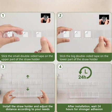 Acrylic Straw Wall Mount Bracket With Double-Sided Adhesion showing step-by-step adhesive installation on tile or cabinet (wait 24h for stronger bond)