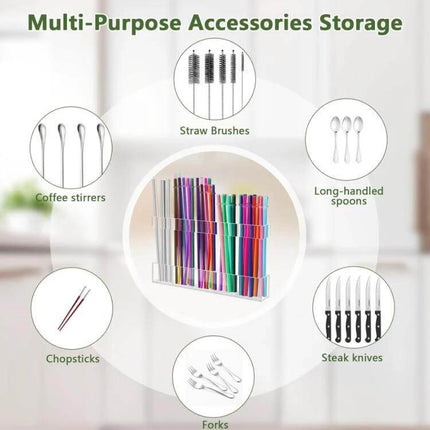 Acrylic Straw Wall Mount Bracket With Double-Sided Adhesion holding colorful reusable straws for kitchen, RV, office and cafe storage