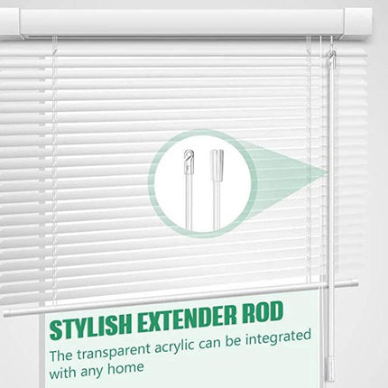 Acrylic Transparent Blinds Pull Rod With Hook Handle 12/17/24 Inches shown installed on white venetian blinds for easy operation