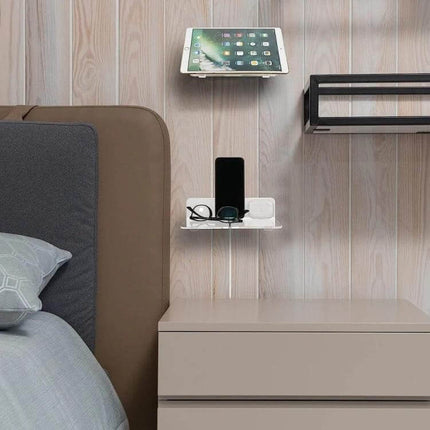 Acrylic Wall Hanger for Small Speakers and Phones at Home mounted bedside holding smartphone wireless speaker and accessories