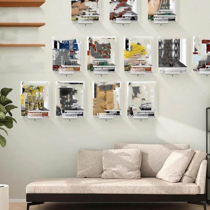 Acrylic Wall Mounted Display Rack For Anime Ornaments showcasing small figurines in clear 4mm acrylic mounted above a sofa for tidy display