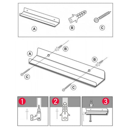Acrylic Wall Shelf 30x10x6 Cm For Kitchen And Office clear mounting diagram showing bracket, wall plugs and screws with drilling steps