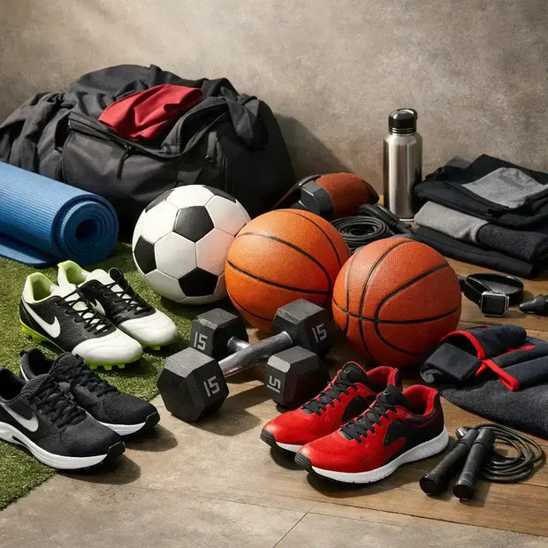 Assorted gym and sports gear including basketballs, soccer ball, dumbbells, running shoes, yoga mat, water bottle, jump rope, and gym bag