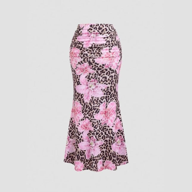 Women's A-Line Skirt for Leisure and Vacation Outings - pink floral and leopard print mermaid A-line skirt for casual vacation wear