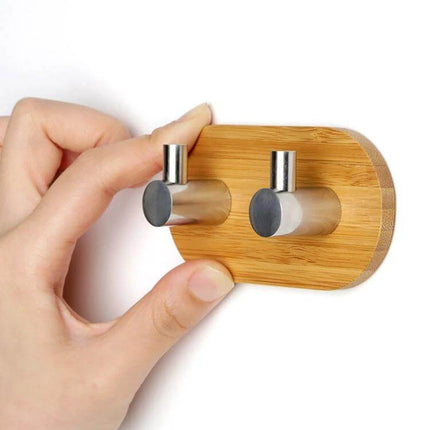 Door Hook Adhesive Two Pack For Kitchen And Bathroom - stainless steel and bamboo wall hooks, adhesive mount for towels and utensils