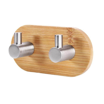 Door Hook Adhesive Two Pack For Kitchen And Bathroom - stainless steel and bamboo wall hooks for towels and utensils, adhesive mounting, two-pack