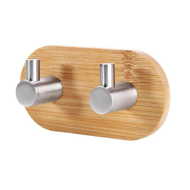 Door Hook Adhesive Two Pack For Kitchen And Bathroom - stainless steel and bamboo wall hooks for towels and utensils, adhesive mounting, two-pack