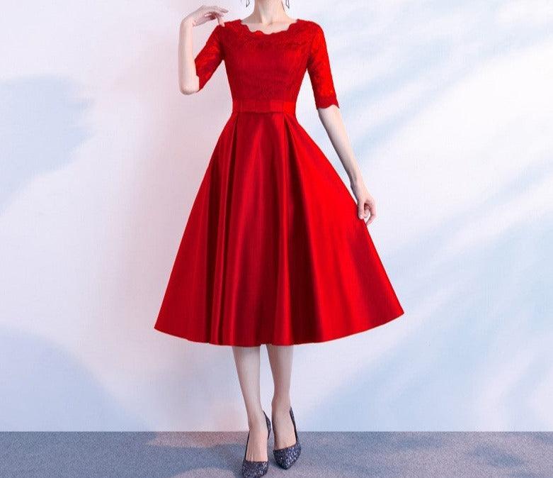 Sophisticated Long Sleeve Versatile Business and Evening Dress Round neck red midlength