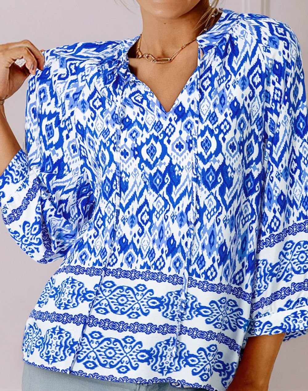 Printed Tie Neck Three-Quarter Sleeve Blouse