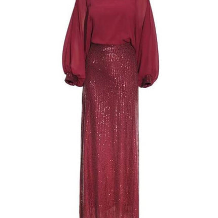 African Beaded Chiffon Party Dress 3XL For Evening Events – burgundy chiffon top with beaded sequin skirt, lightweight formal gown for weddings and dinners