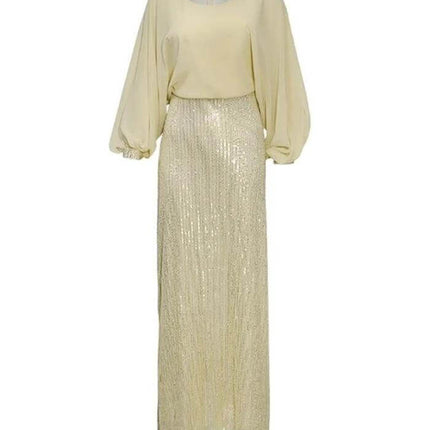 African Beaded Chiffon Party Dress 3XL For Evening Events - ivory chiffon top with beaded sequin long skirt, elegant formal gown for weddings and dinners.