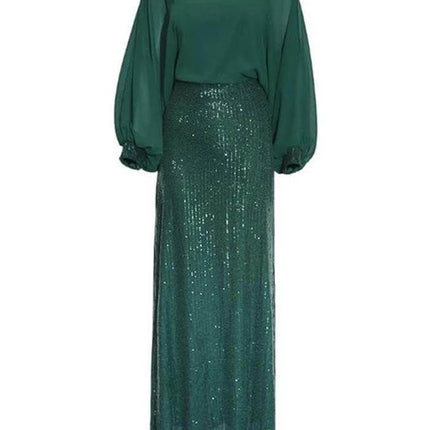 African Beaded Chiffon Party Dress 3XL For Evening Events in emerald green with beaded bodice and flowing chiffon skirt