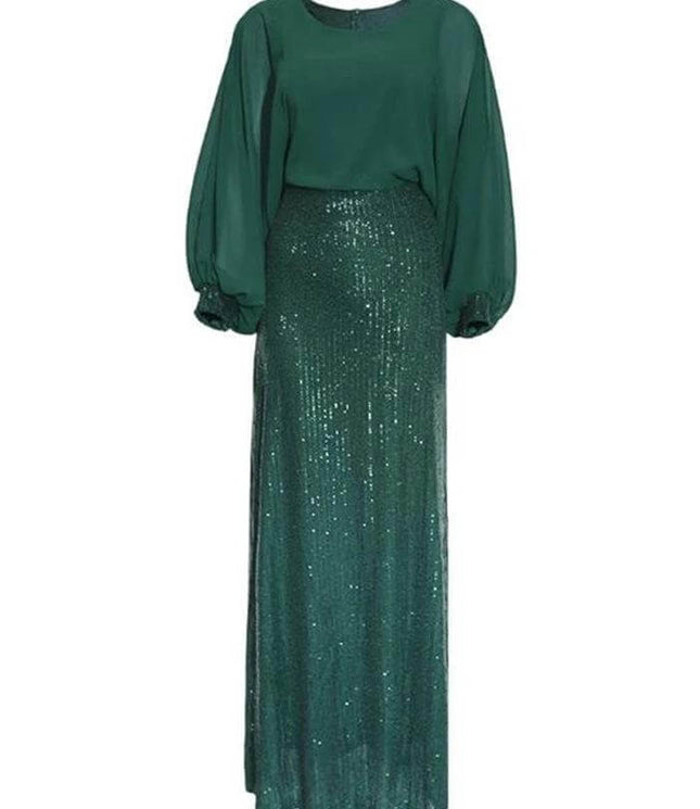 African Beaded Chiffon Party Dress 3XL For Evening Events in emerald green with beaded bodice and flowing chiffon skirt