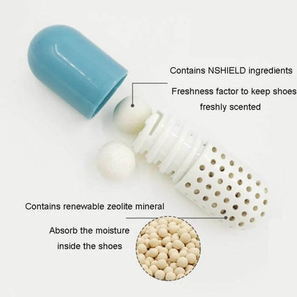 Alloet Shoe Deodorizer Capsules For Shoes And Closet Freshness compact capsule showing perforated holder, moisture-absorbing zeolite beads and scented balls