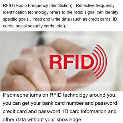 Aluminum RFID Blocking Card Holder, 10 Pack, For Credit And ID Cards - hand holding card with RFID warning graphic and explanatory text